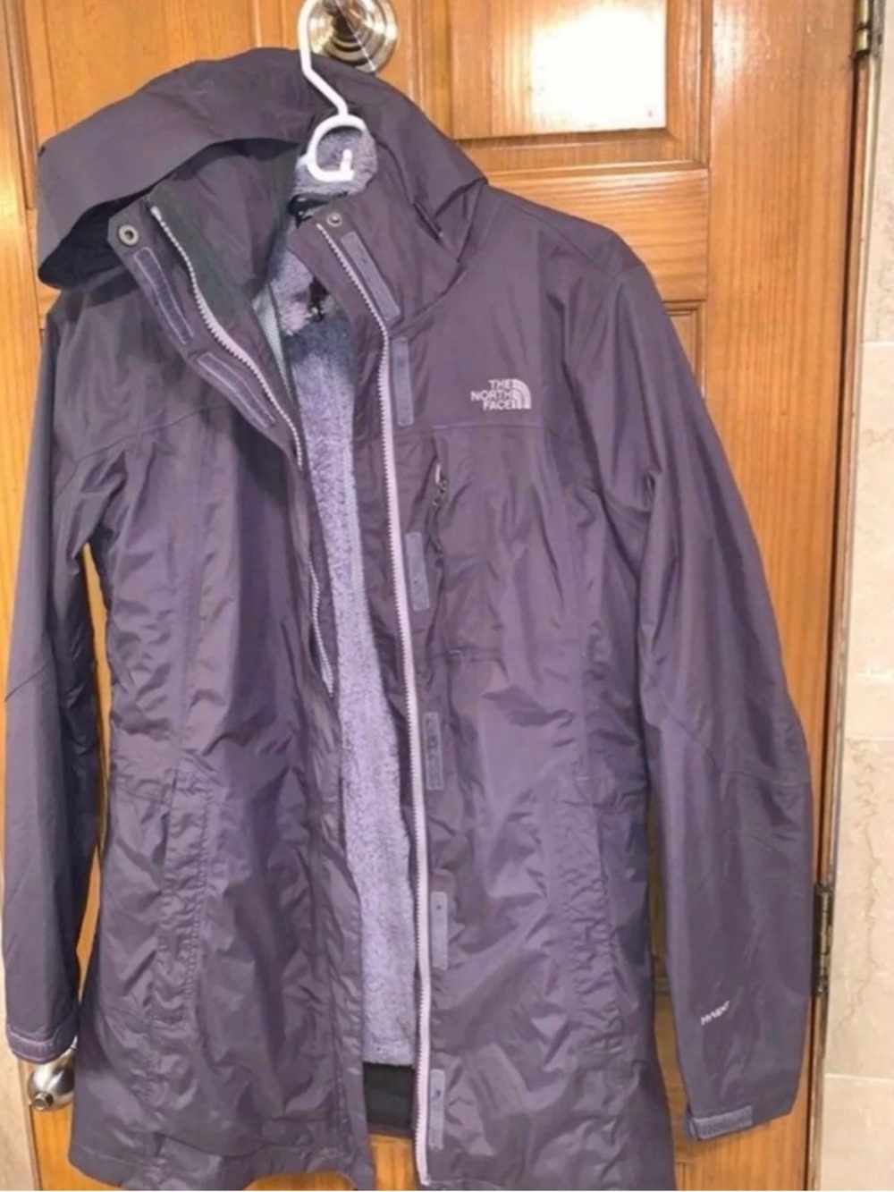 The North Face Women's Purple Hooded Raincoat with Fleece Liner
